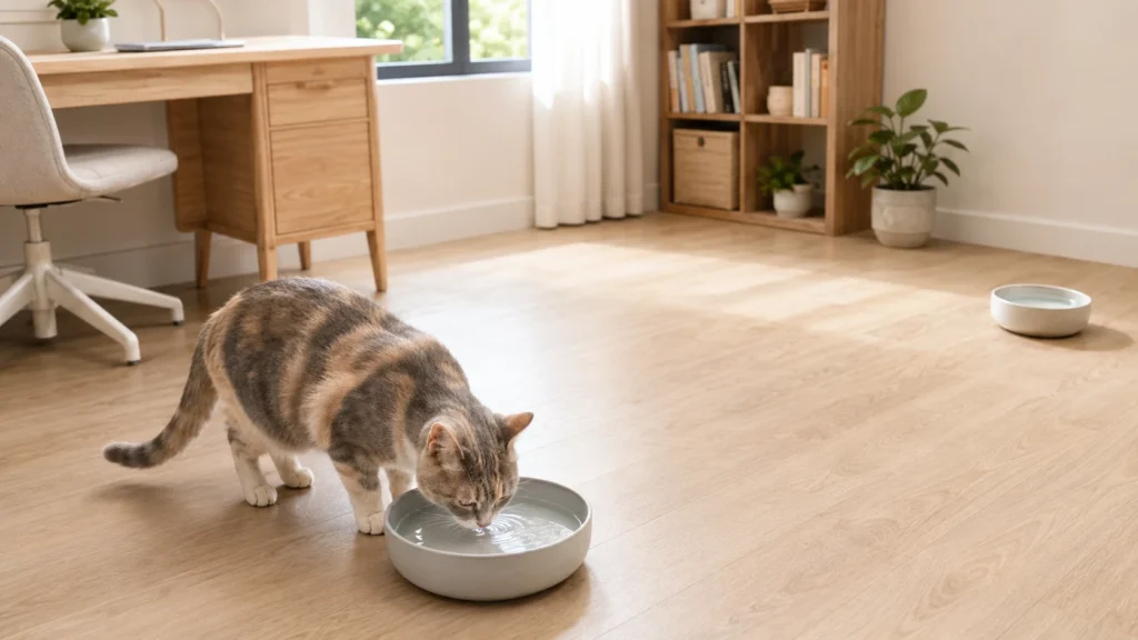 Dilute calico cat drinking from a wide water bowl with a second water station nearby.