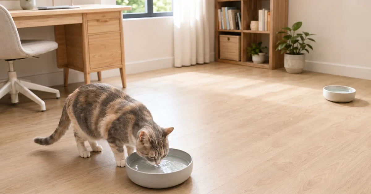 Dilute calico cat drinking from a wide water bowl with a second water station nearby.