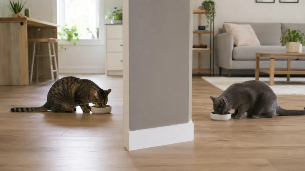 Two adult cats eating calmly at separate feeding stations divided by a solid visual barrier.