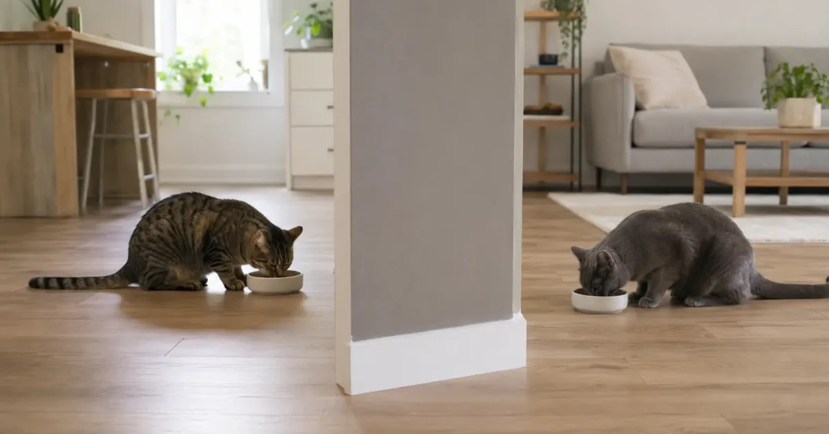 Two adult cats eating calmly at separate feeding stations divided by a solid visual barrier.