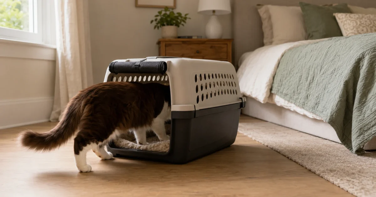 Chocolate-and-white cat voluntarily stepping into an open carrier in a quiet bedroom