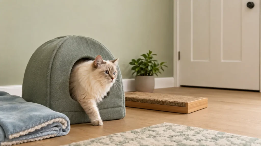 A cream colorpoint longhair cat calmly emerging from a covered bed into a quiet starter room with familiar resources.