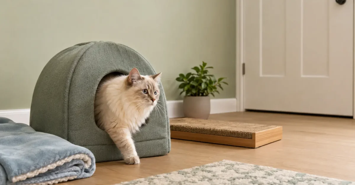 A cream colorpoint longhair cat calmly emerging from a covered bed into a quiet starter room with familiar resources.