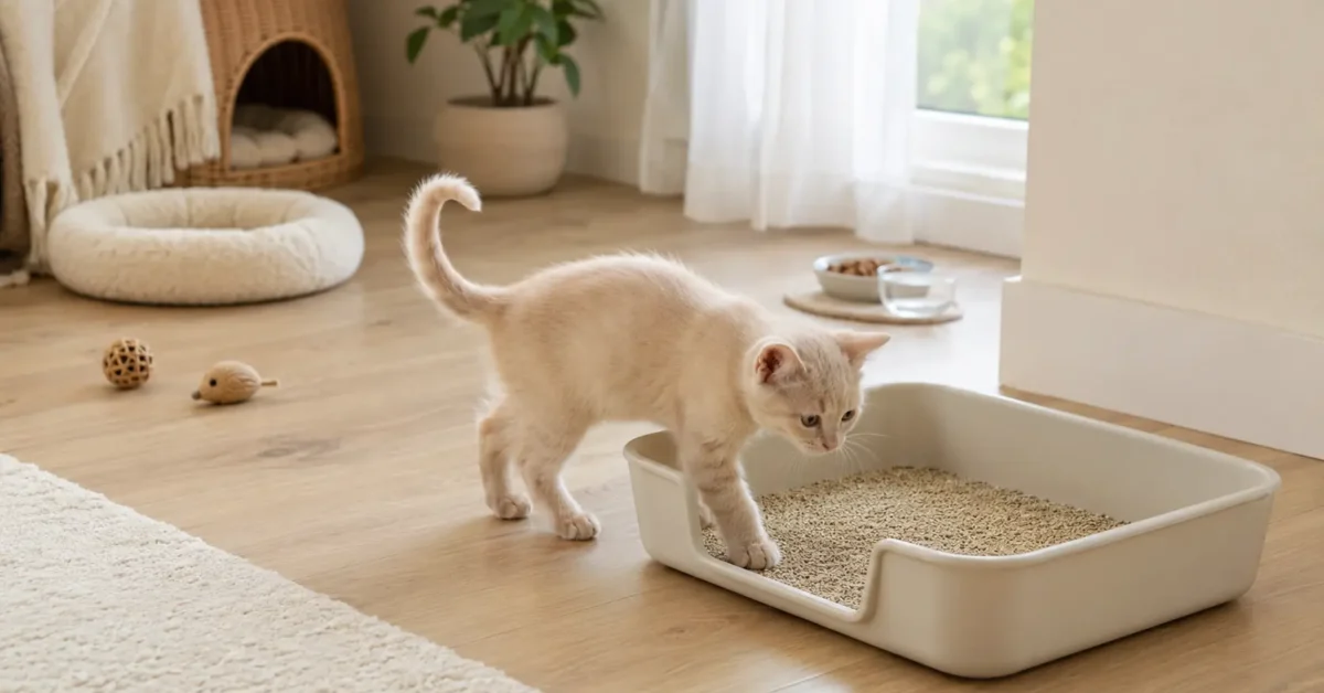 Pale cream kitten approaching a low-entry open litter box in a quiet starter room.