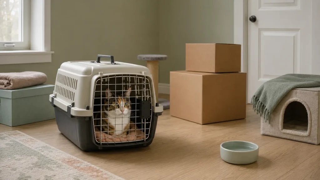 Calm adult calico cat inside a closed carrier in a prepared new-home safe room with familiar bedding and moving boxes.