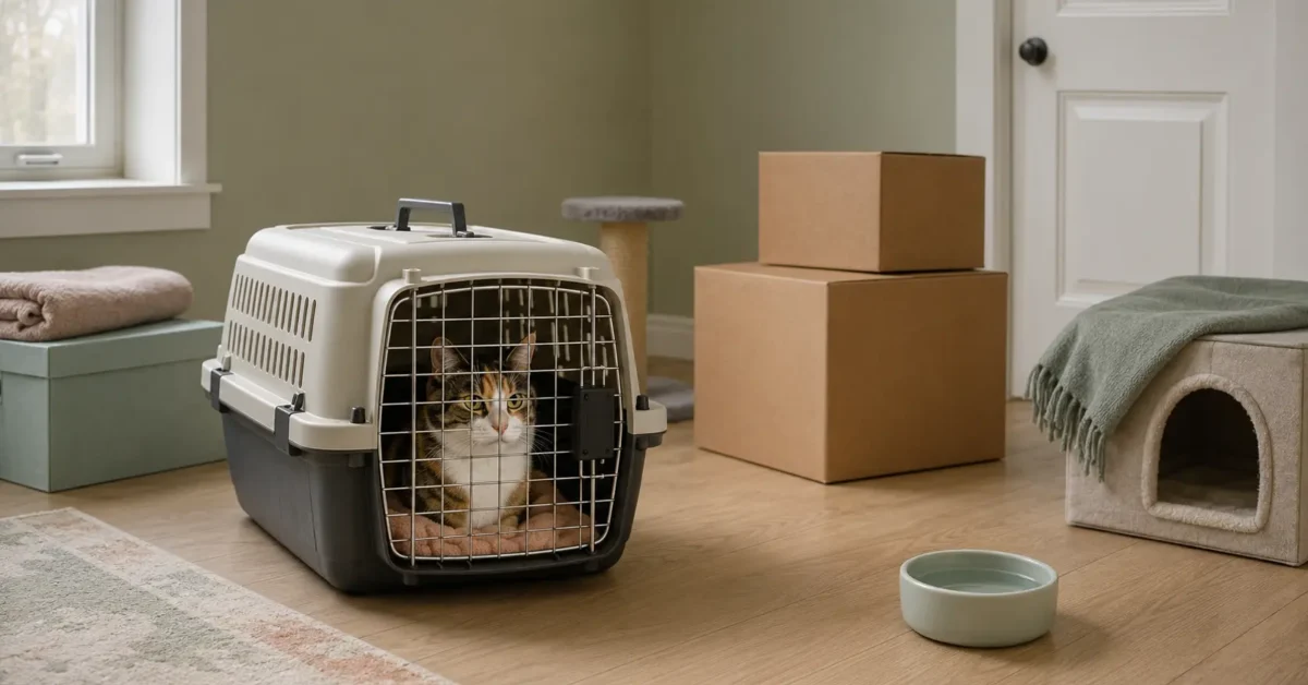 Calm adult calico cat inside a closed carrier in a prepared new-home safe room with familiar bedding and moving boxes.