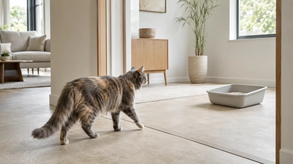 Blue-cream tortoiseshell cat approaching a familiar litter box in its accessible new location.