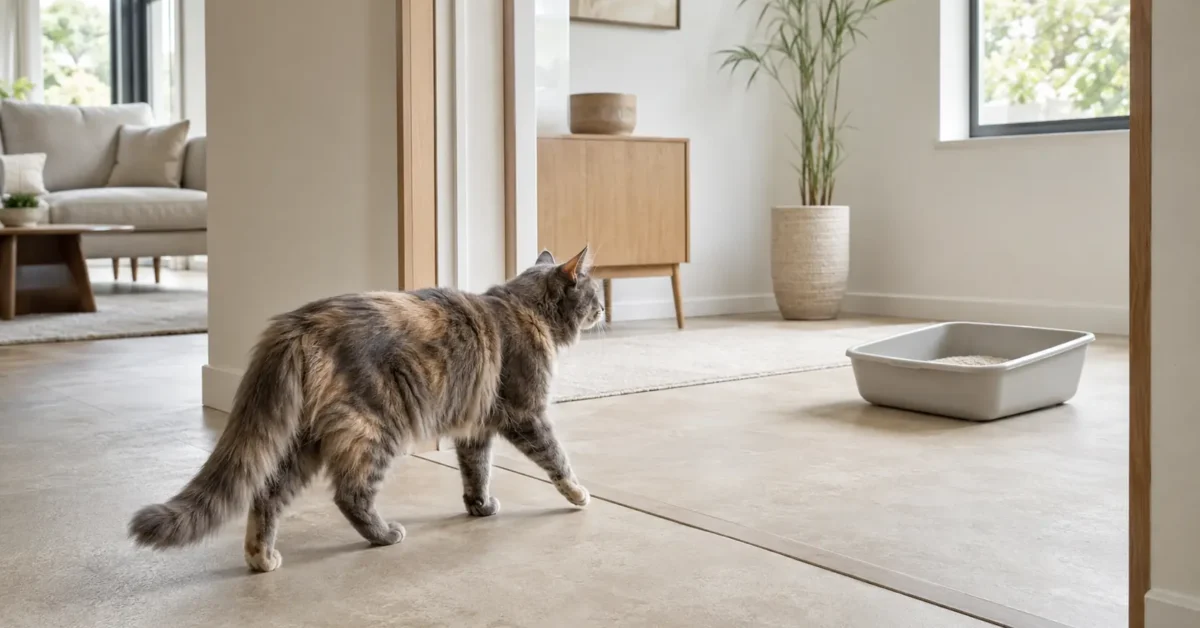 Blue-cream tortoiseshell cat approaching a familiar litter box in its accessible new location.