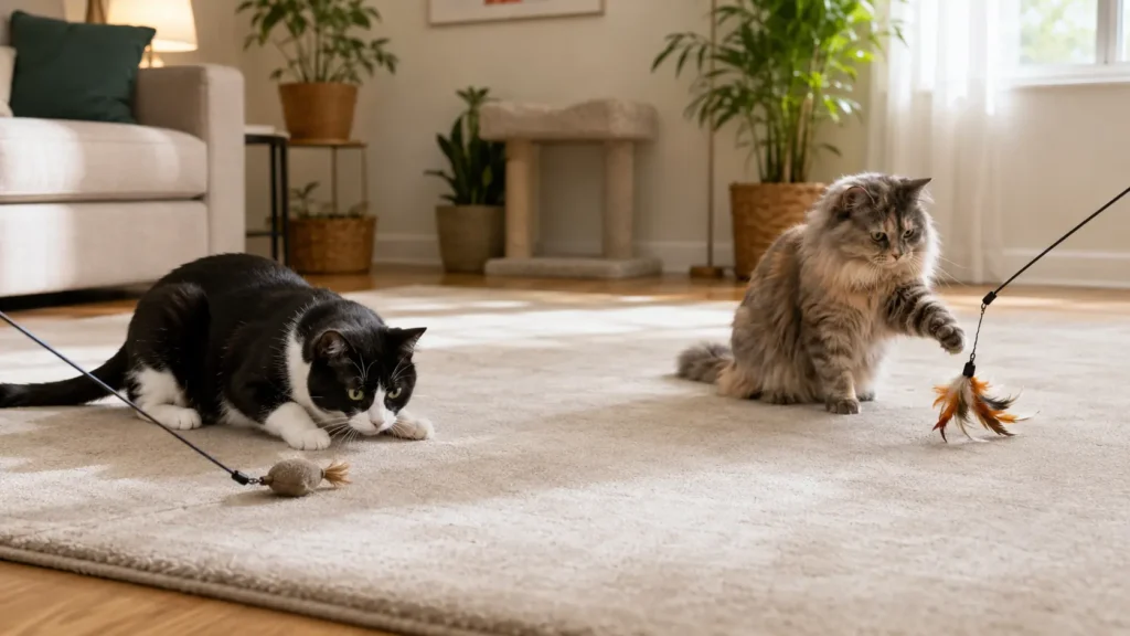 Two adult cats playing with separate toys in spacious, connected play zones inside a modern home.