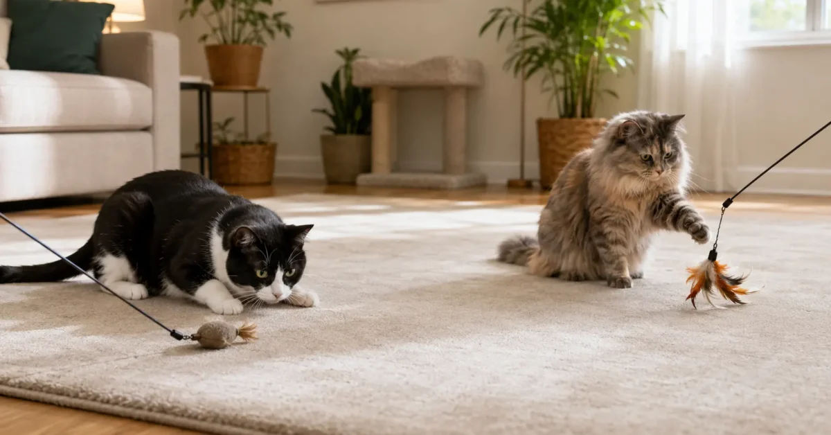 Two adult cats playing with separate toys in spacious, connected play zones inside a modern home.