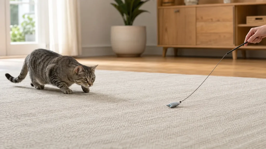 Warm-gray tabby cat crouching on a rug and stalking a fabric wand-toy lure controlled by a person.