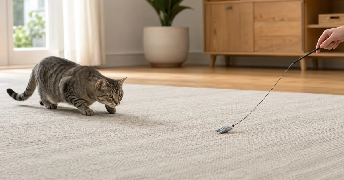 Warm-gray tabby cat crouching on a rug and stalking a fabric wand-toy lure controlled by a person.
