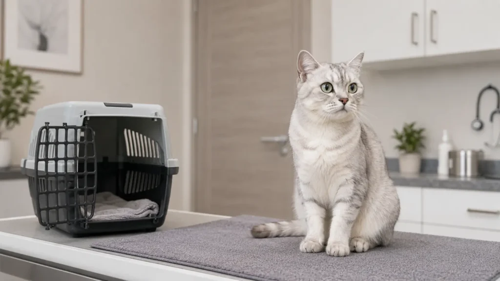 Silver-shaded cat sitting calmly beside an open carrier in a veterinary examination room.