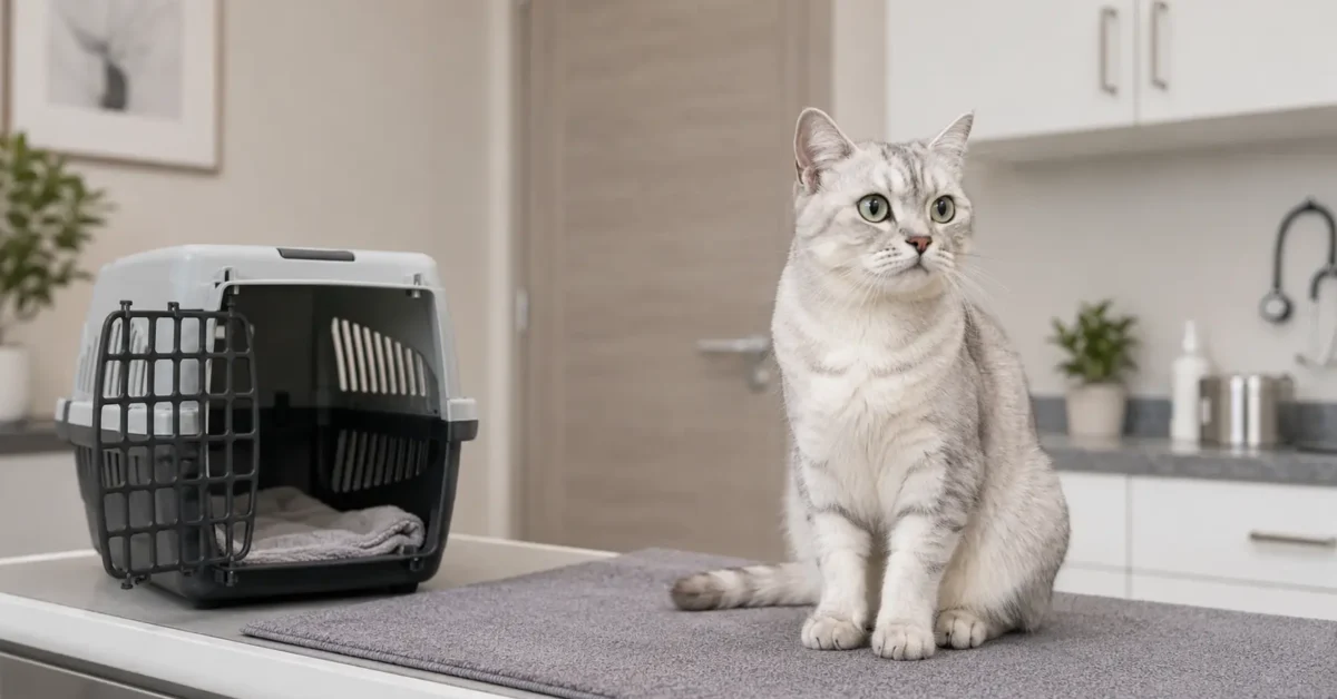 Silver-shaded cat sitting calmly beside an open carrier in a veterinary examination room.