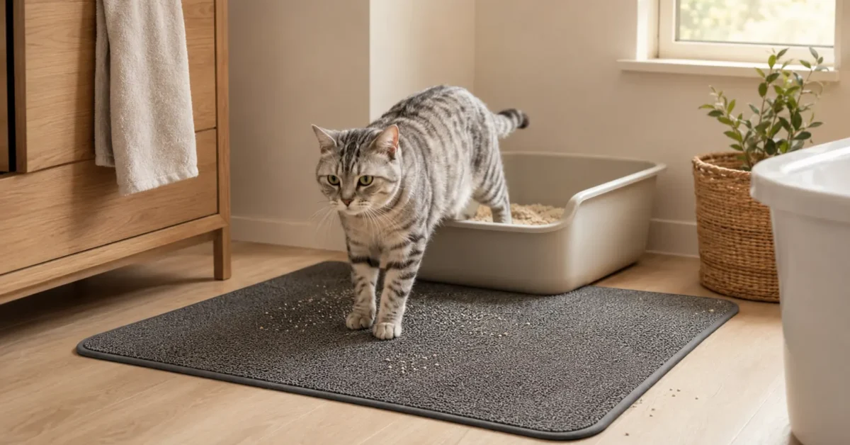 Silver tabby cat stepping from an open litter box onto a wide litter-catching mat in a clean home.