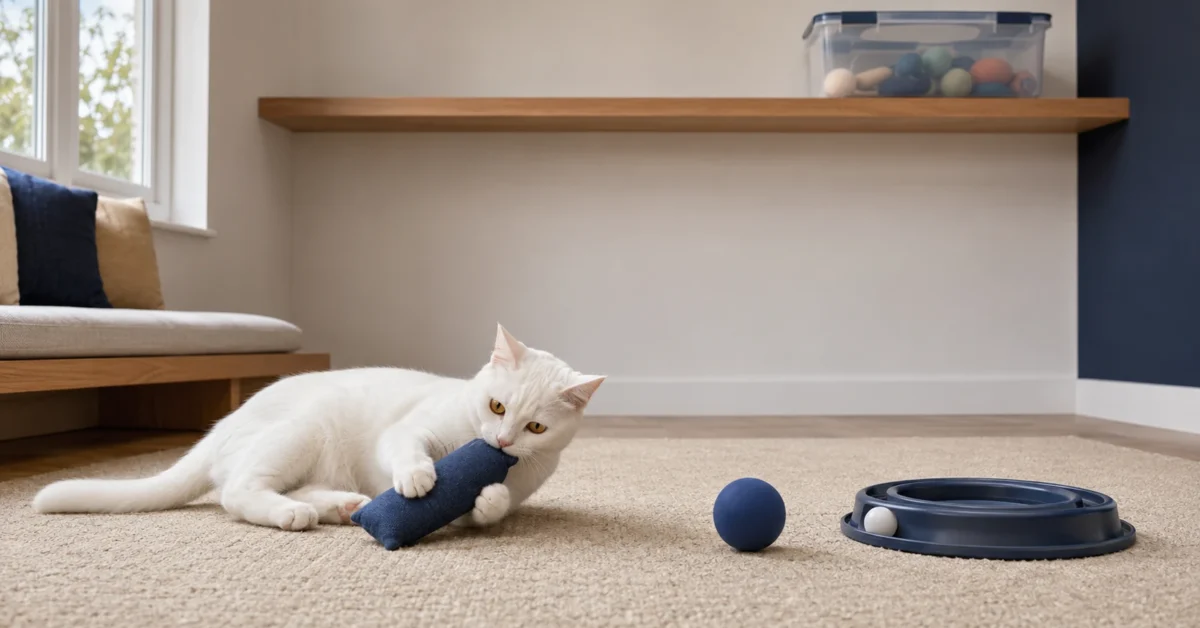 White cat playing with a sturdy toy while other cat toys are secured in a lidded storage container