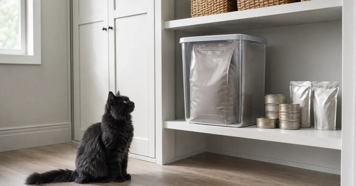 Black-smoke cat sitting near an organized pantry where an original cat-food bag is secured inside a closed storage container.