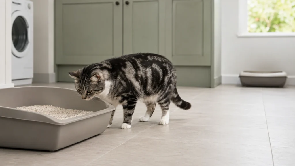 Silver-black tabby calmly investigating a newly prepared open litter box while the familiar box remains available nearby