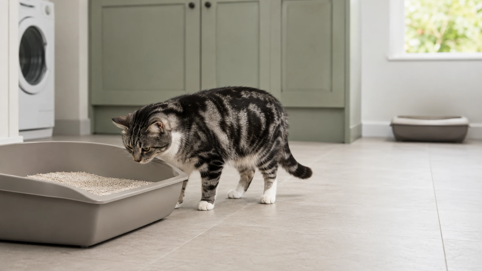 Silver-black tabby calmly investigating a newly prepared open litter box while the familiar box remains available nearby