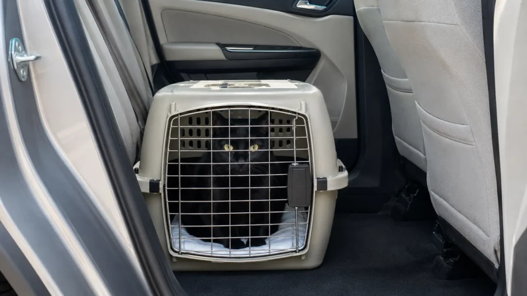 Black cat sitting calmly in a closed carrier positioned level on the rear floor of a car.
