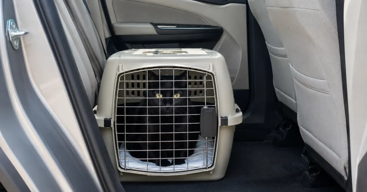 Black cat sitting calmly in a closed carrier positioned level on the rear floor of a car.