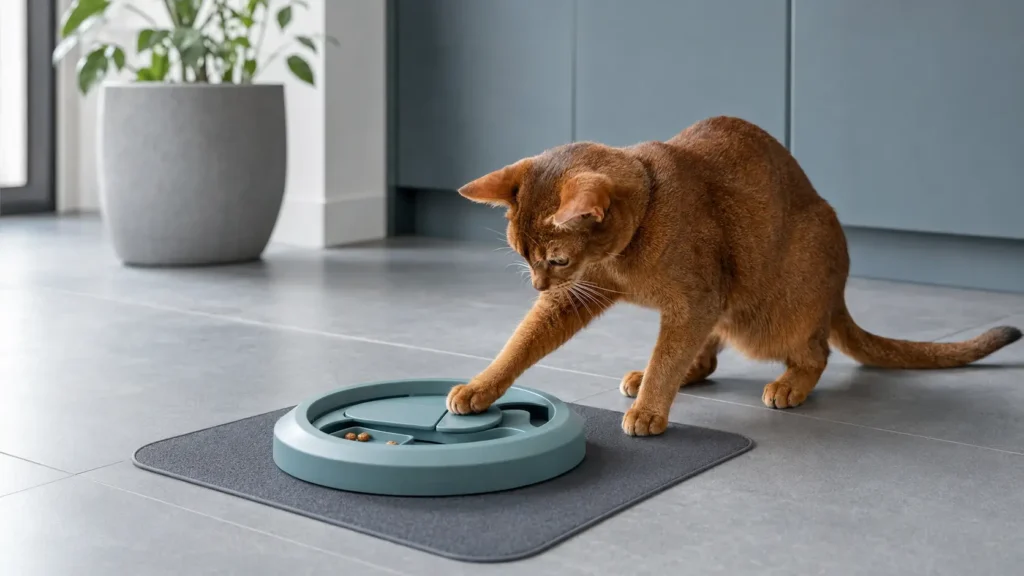 Ruddy Abyssinian cat using a shallow puzzle feeder in a cool-toned home feeding area