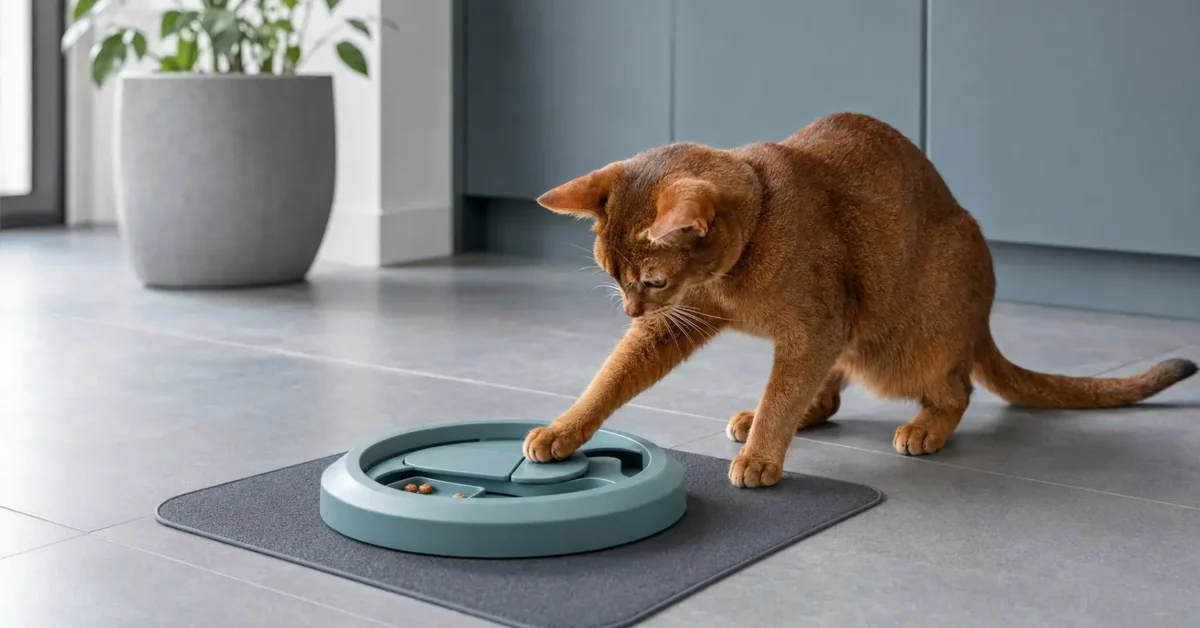 Ruddy Abyssinian cat using a shallow puzzle feeder in a cool-toned home feeding area