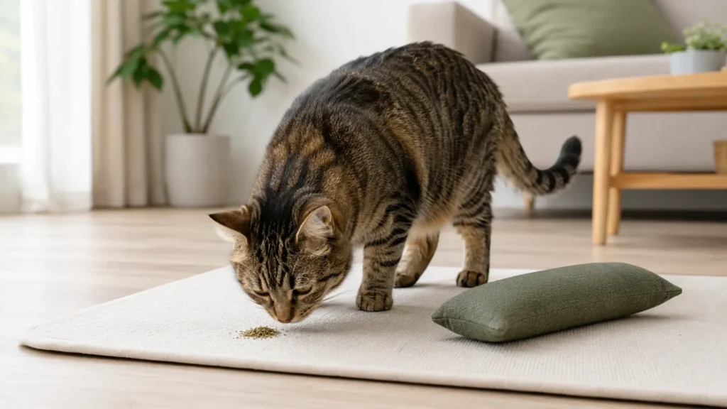 Brown mackerel tabby calmly sniffing a small amount of dried catnip beside an intact kicker toy.