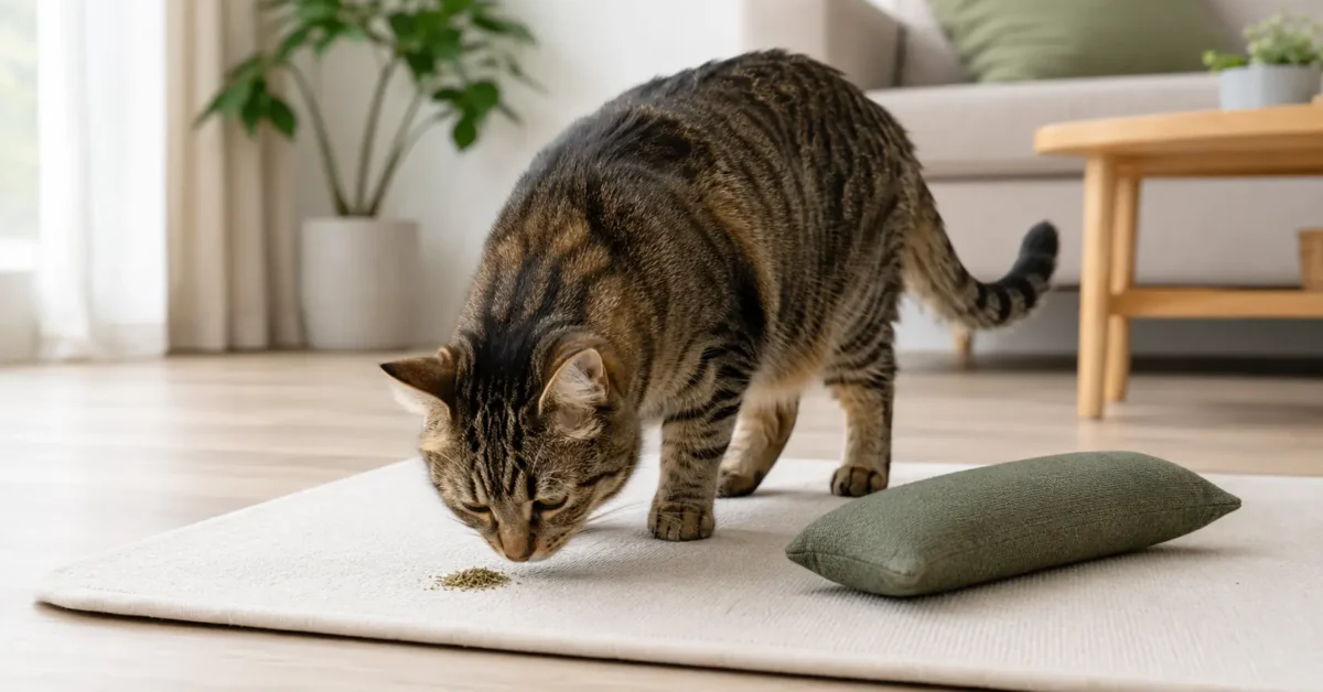 Brown mackerel tabby calmly sniffing a small amount of dried catnip beside an intact kicker toy.