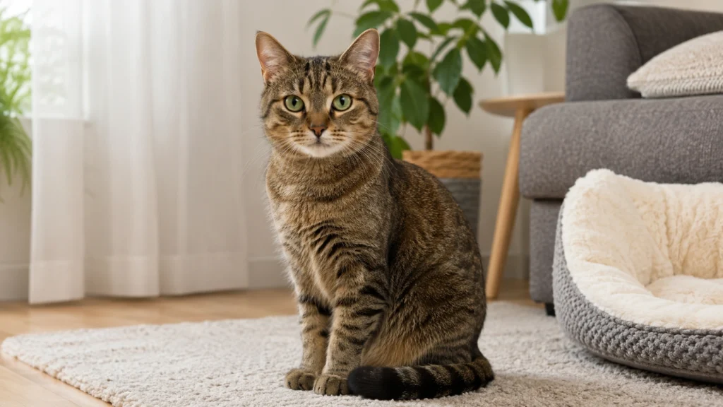 Indoor cat sitting calmly in a clean home where flea problems may still occur.