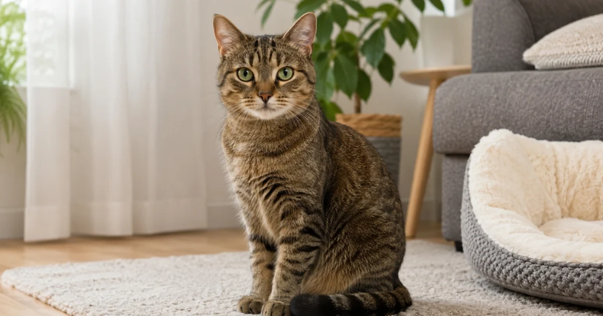 Indoor cat sitting calmly in a clean home where flea problems may still occur.