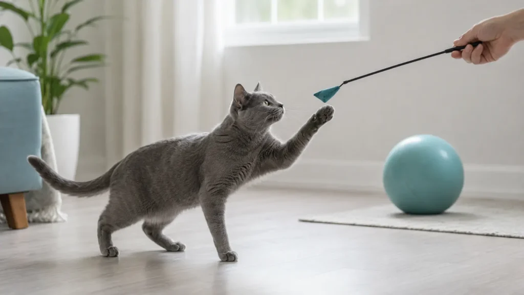 Silver-gray cat playing with an owner-controlled wand toy while a sturdy solo toy rests nearby
