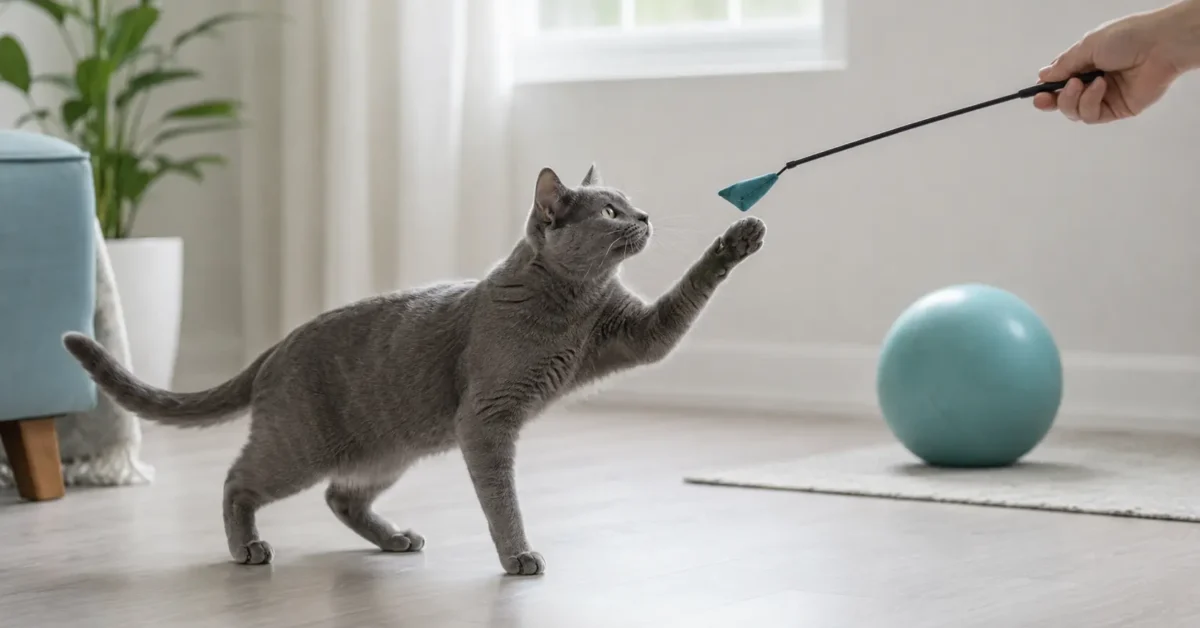 Silver-gray cat playing with an owner-controlled wand toy while a sturdy solo toy rests nearby