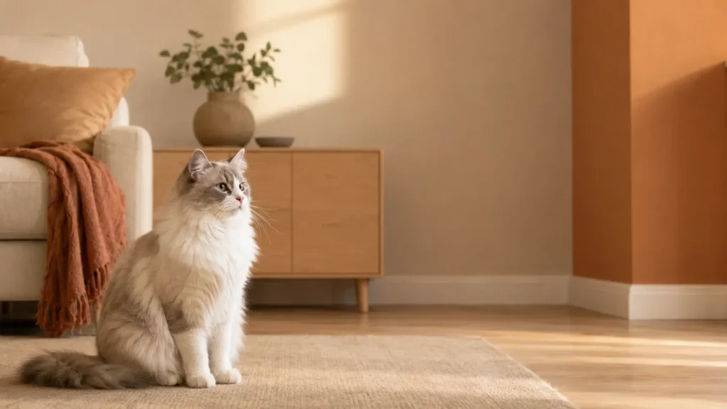 Cream-and-gray long-haired cat sitting awake in a quiet living room with few immediate activity options