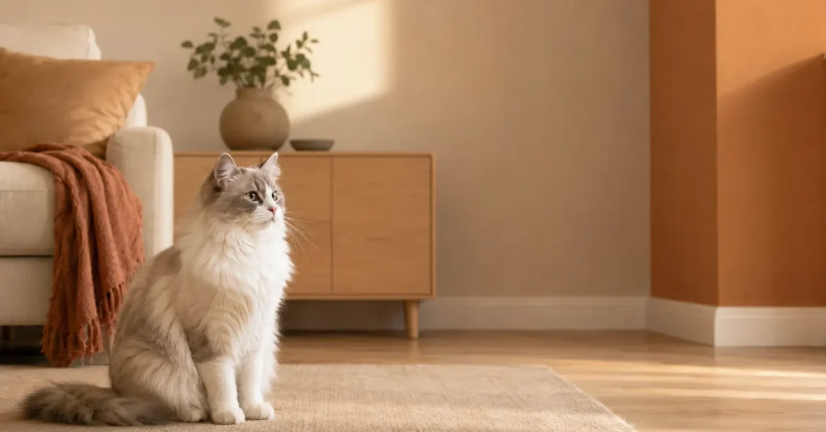 Cream-and-gray long-haired cat sitting awake in a quiet living room with few immediate activity options