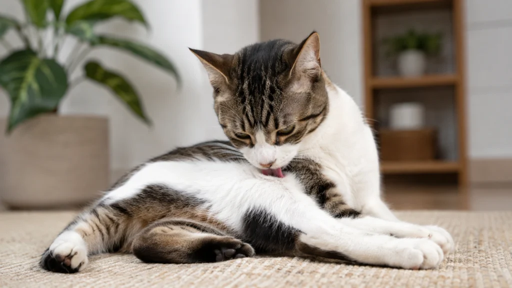 Adult cat grooming its side in a calm home setting