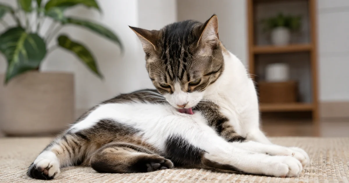 Adult cat grooming its side in a calm home setting