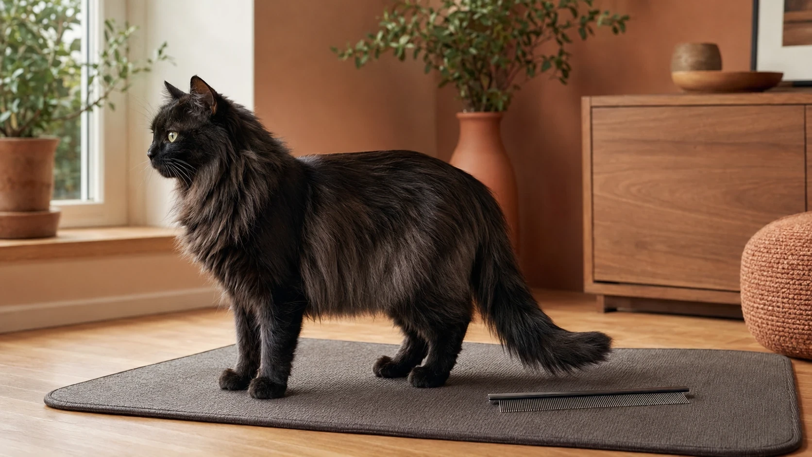 Black-smoke long-haired cat standing calmly on a grooming mat beside a comb
