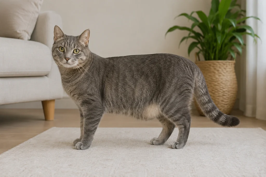 Adult cat standing side-on with a visible loose lower belly pouch in a calm home setting
