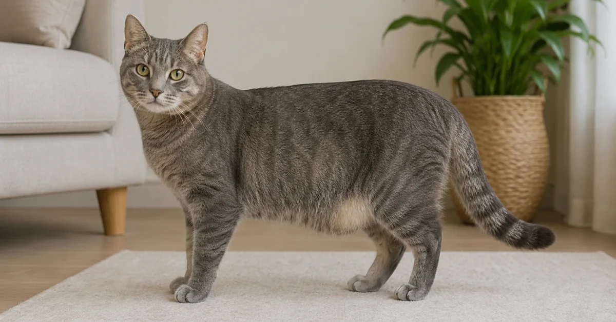 Adult cat standing side-on with a visible loose lower belly pouch in a calm home setting