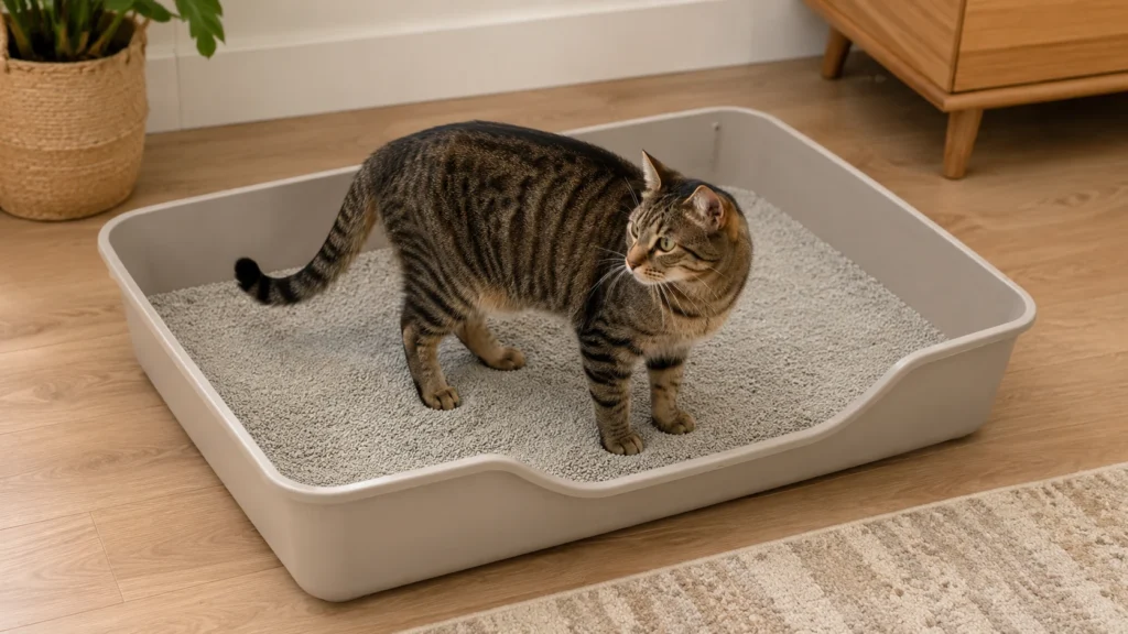 Long-bodied cat standing comfortably inside a spacious litter box with room to turn
