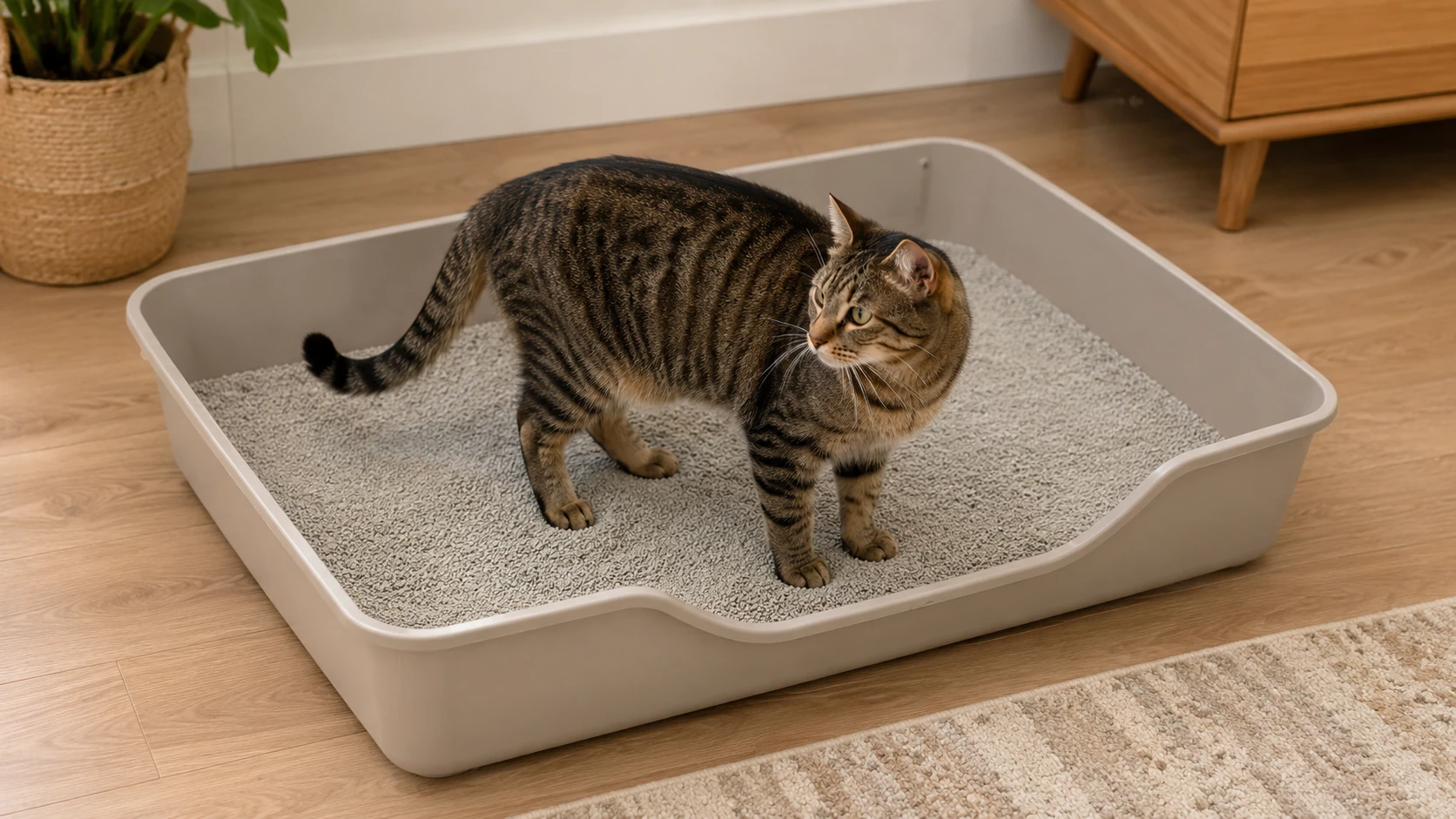 Long-bodied cat standing comfortably inside a spacious litter box with room to turn