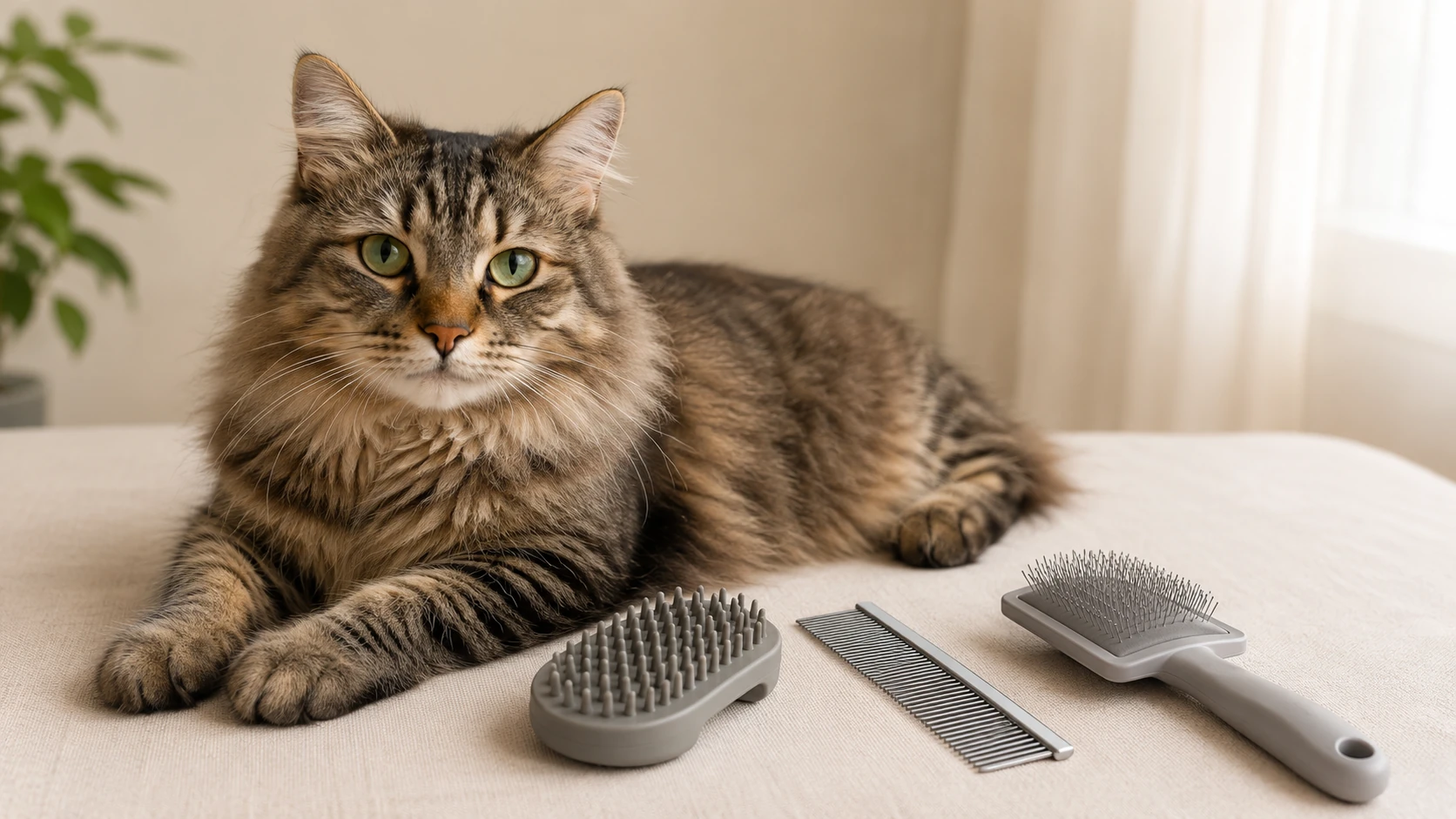 Calm medium-haired cat beside a rubber brush, metal comb, and slicker brush