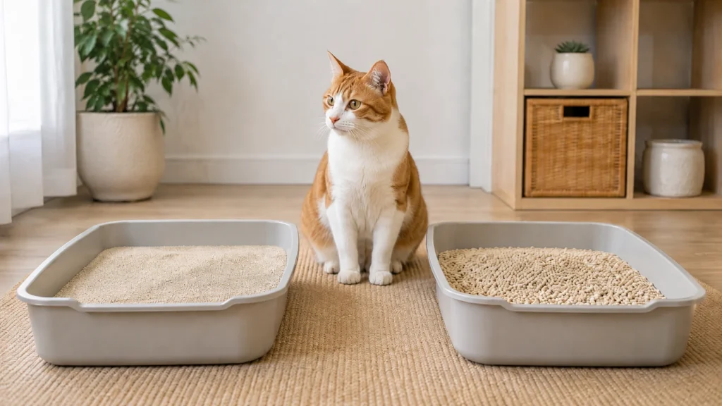Calm orange-and-white cat between two matching open litter boxes, one filled with fine-grained litter and the other with pellet litter.