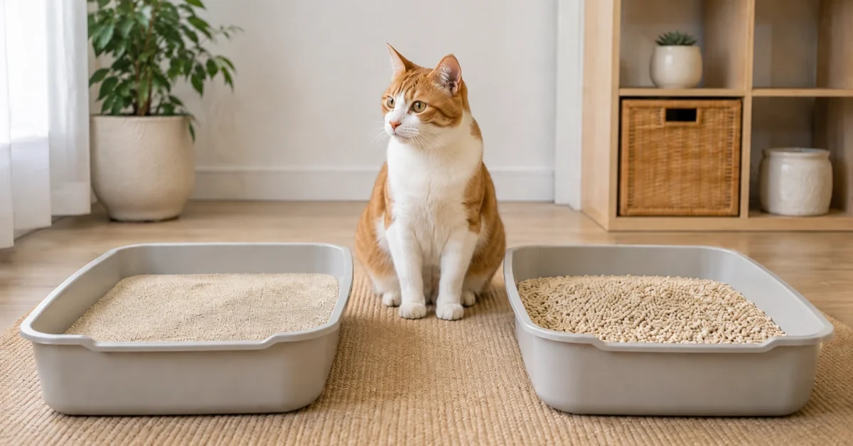 Calm orange-and-white cat between two matching open litter boxes, one filled with fine-grained litter and the other with pellet litter.
