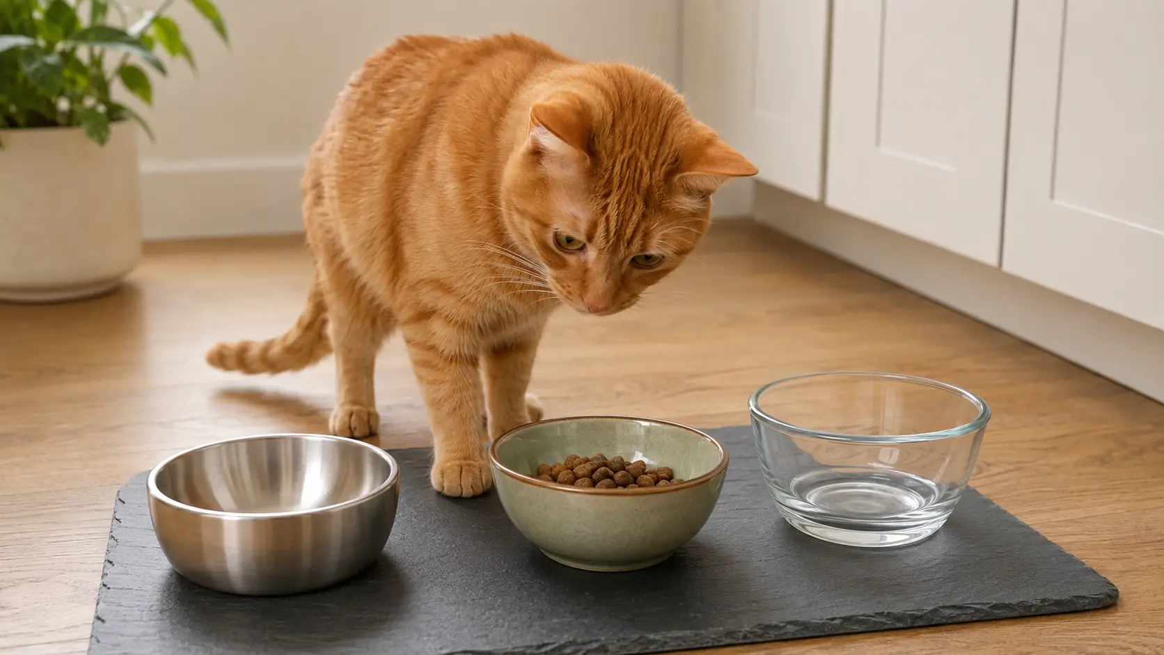 Solid ginger cat inspecting stainless steel, ceramic, and glass food bowls.