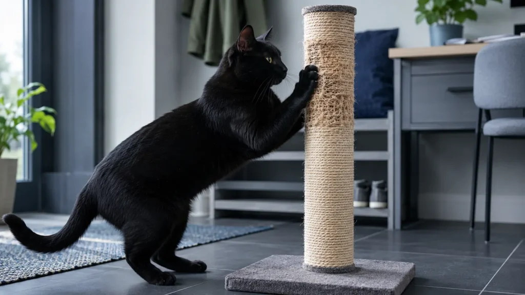 Solid black cat using a moderately worn sisal scratching post in a cool-toned home work area