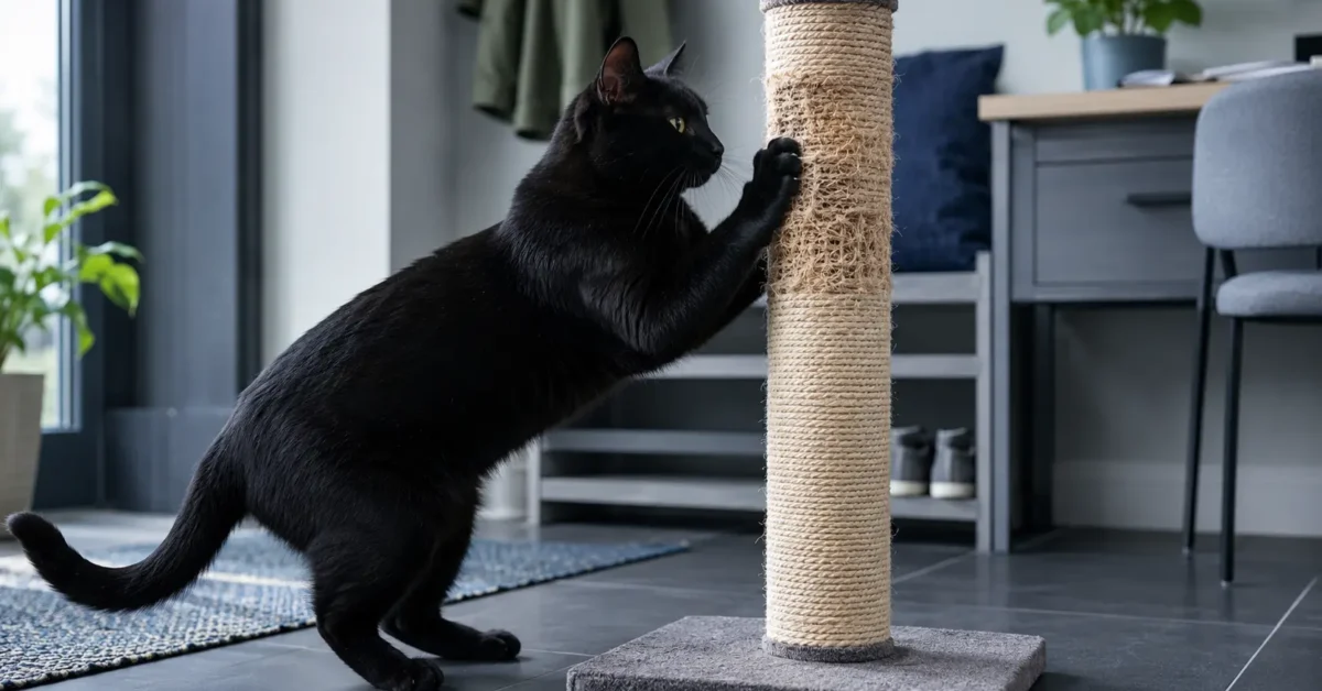 Solid black cat using a moderately worn sisal scratching post in a cool-toned home work area
