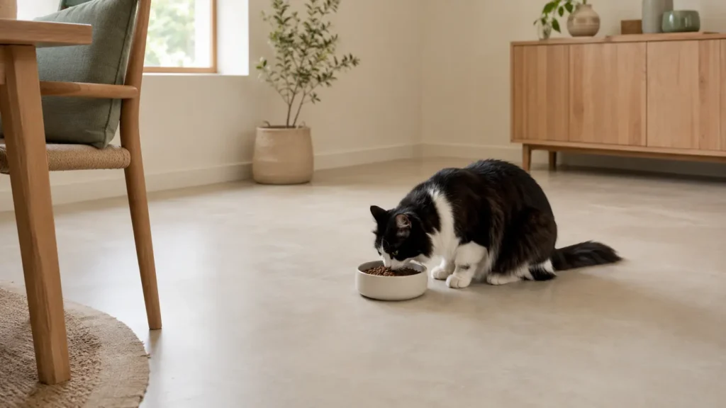 Long-haired black-and-white cat eating from a food bowl in a quiet, accessible dining nook.