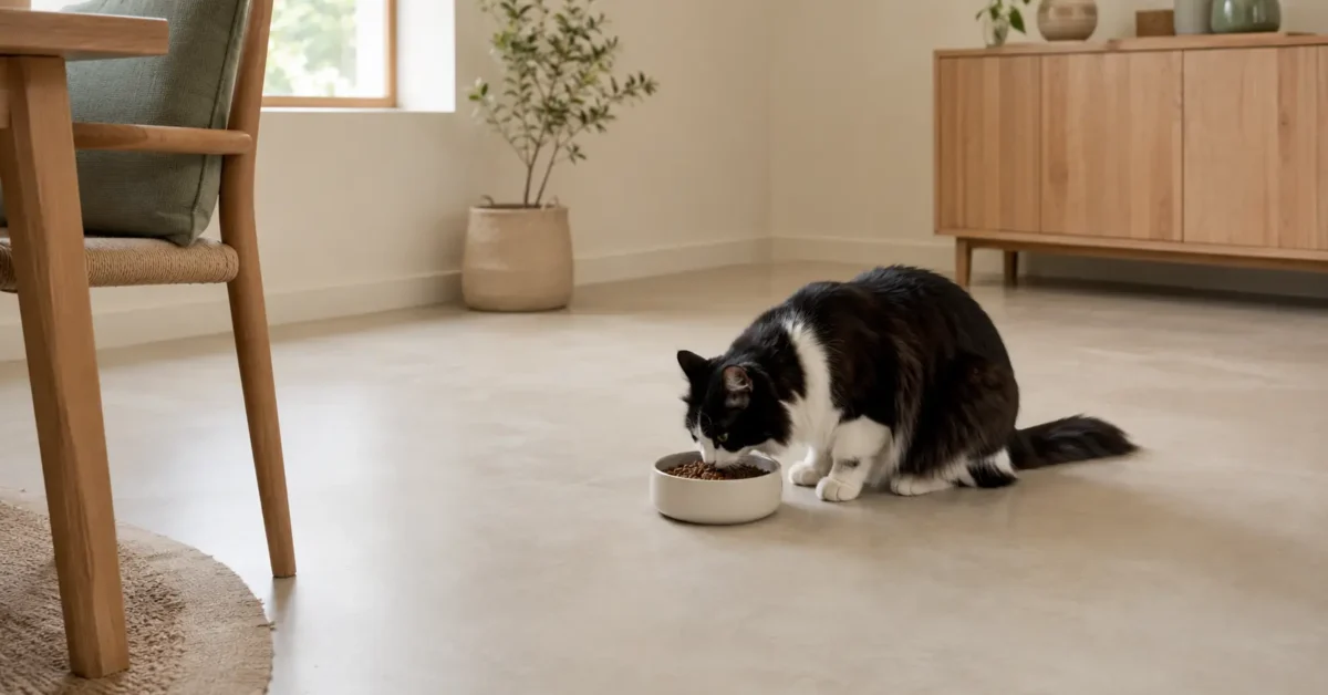 Long-haired black-and-white cat eating from a food bowl in a quiet, accessible dining nook.